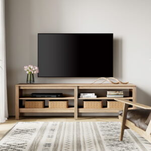 tv stand for 75 inch tv stands, media console entertainment center television table with open shelves for living room, oak 70 inch